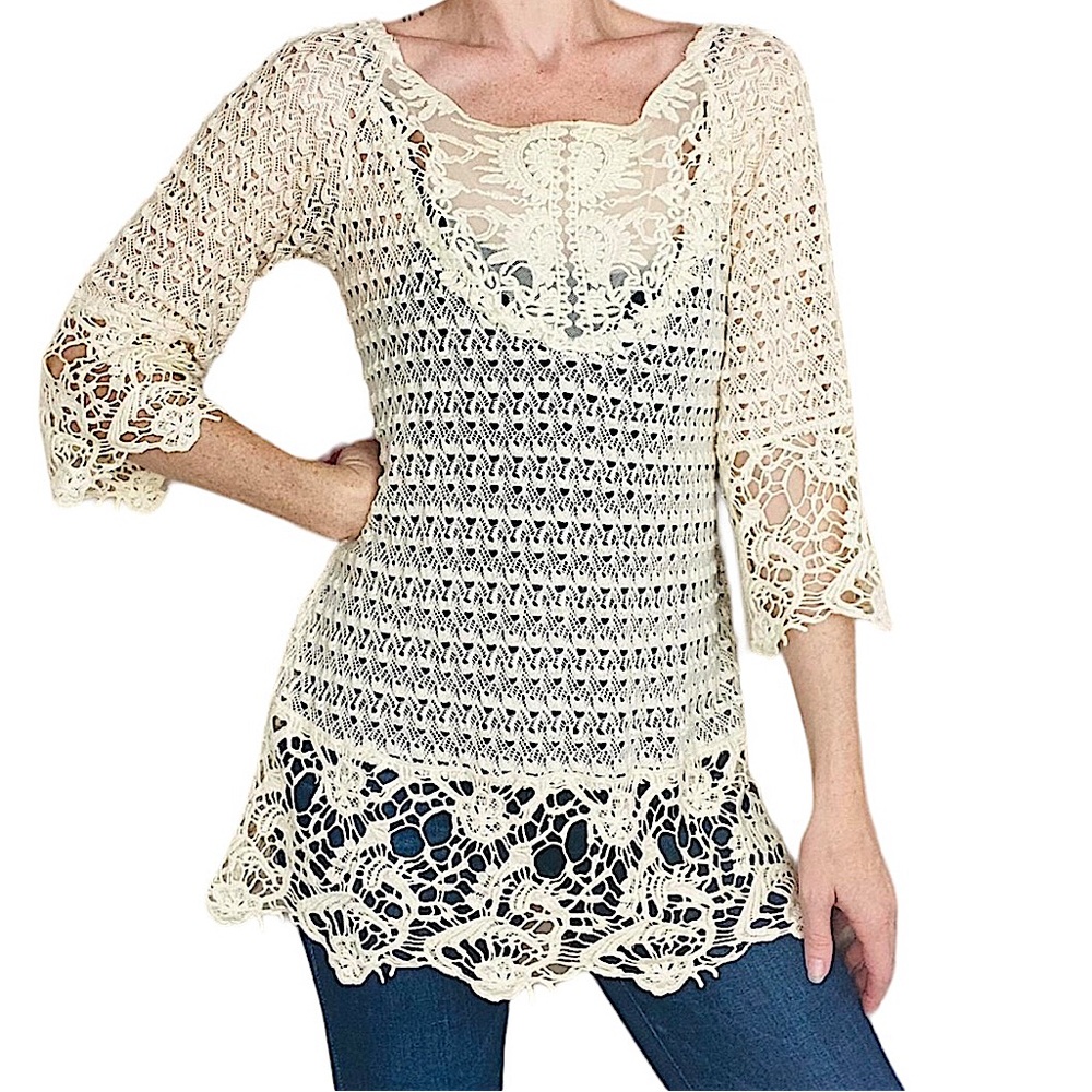 UMGEE: Women's Crochet Knit Sweater 3/4 Sleeves Ivory -Size Small